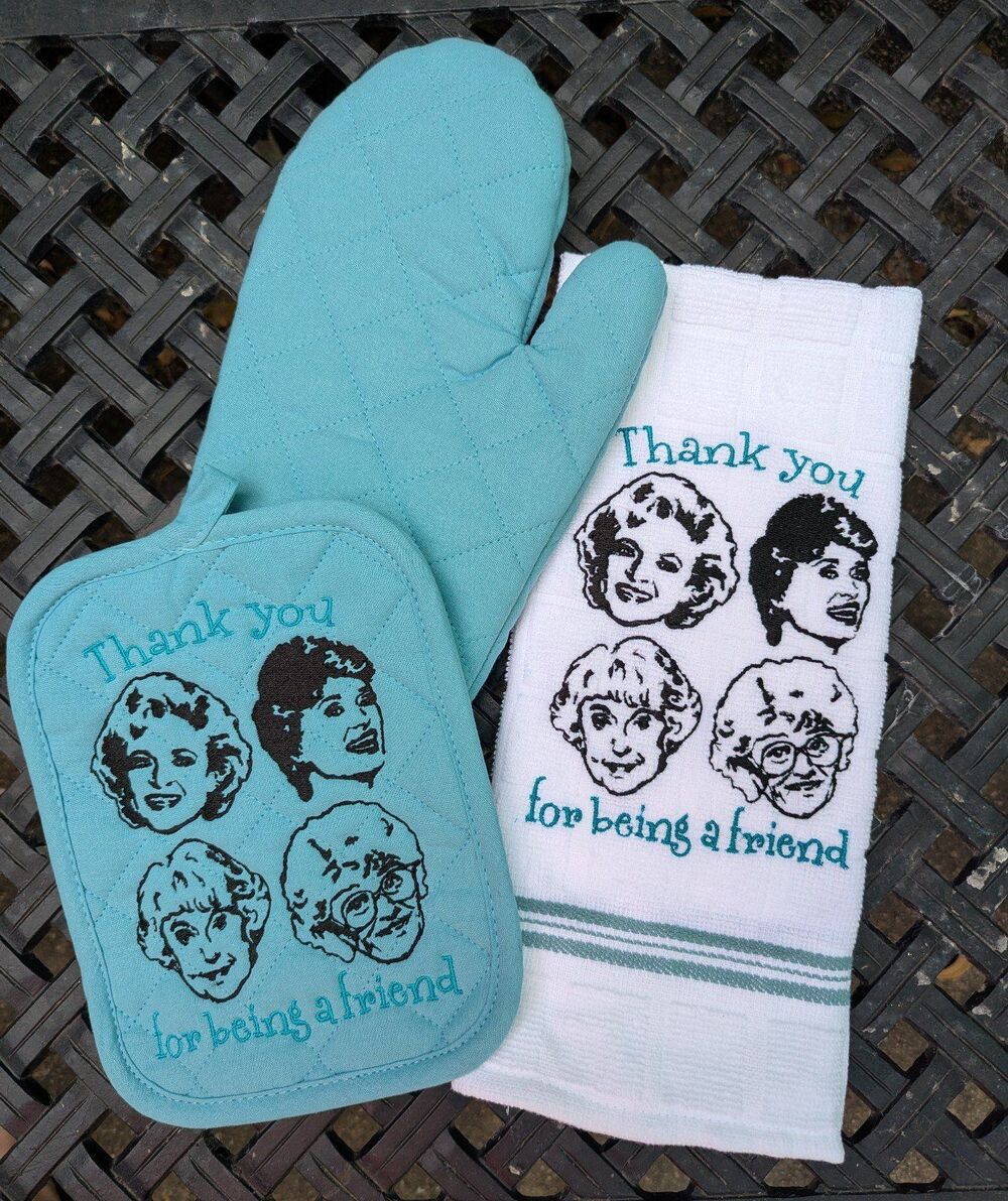 Golden girls embroidered kitchen set. Hot pad/ trivet kitchen towel, oven mitt